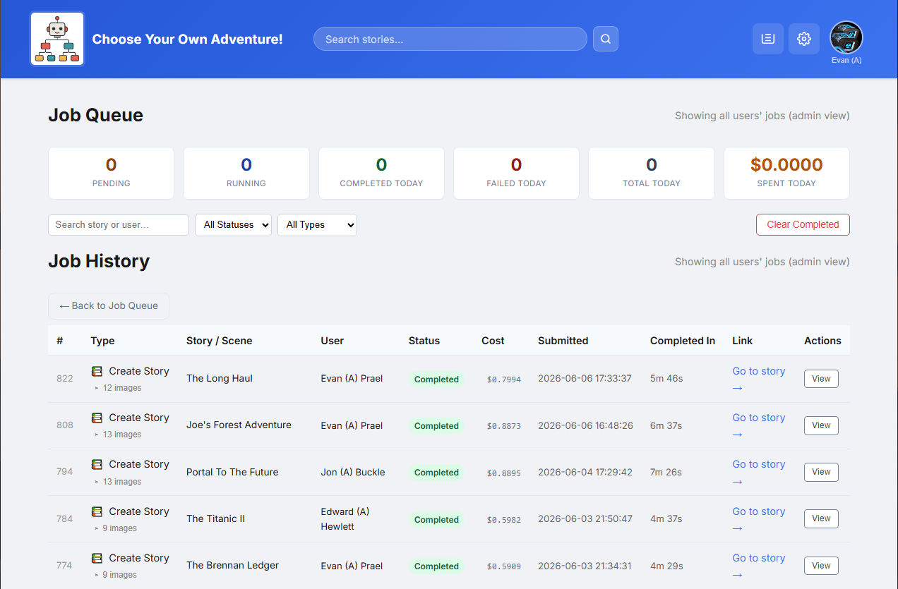 The job queue page listing AI jobs and their statuses